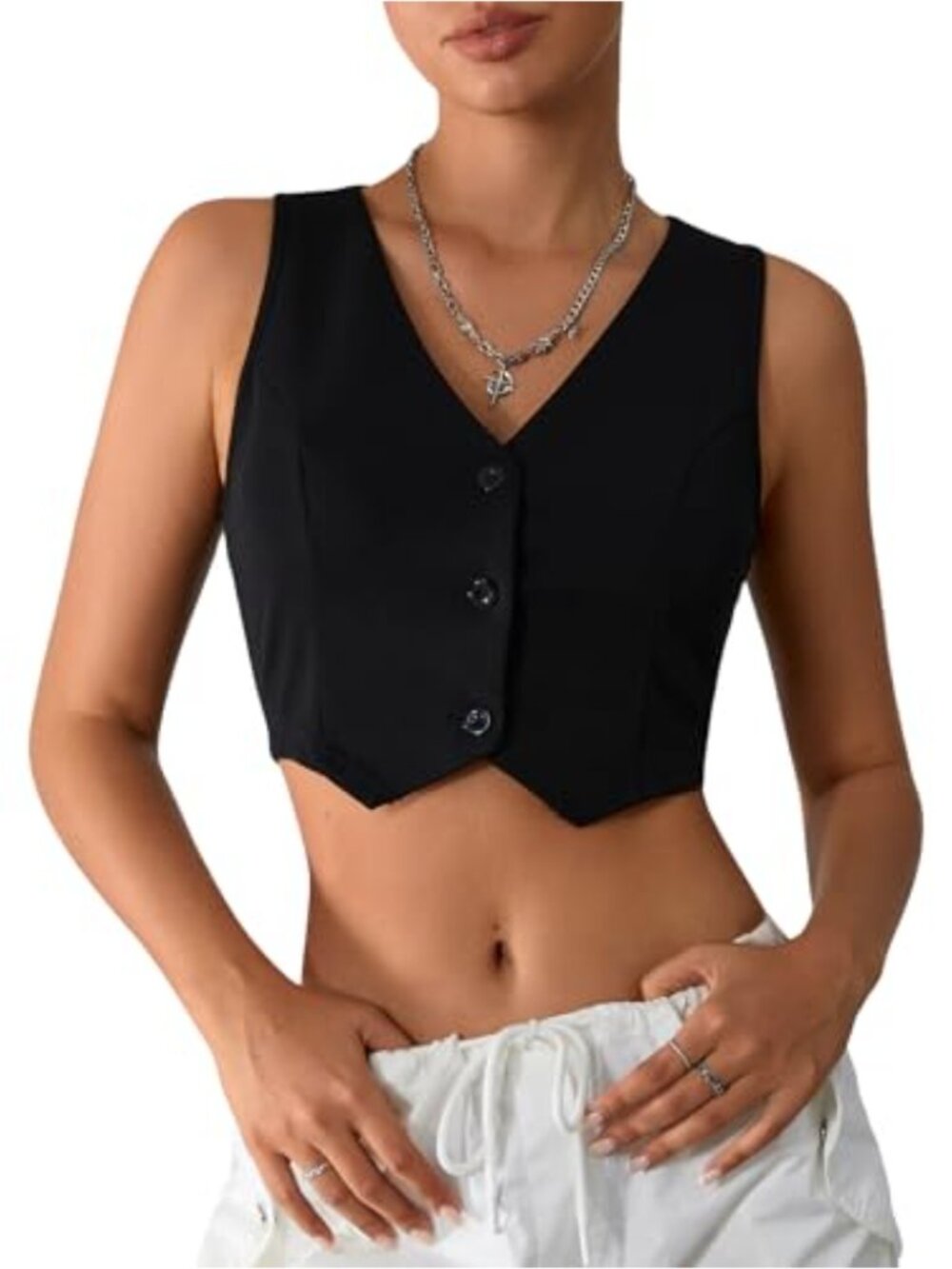 Women's Sleeveless Cropped Suit Vest Waistcoat V-Neck Button Front